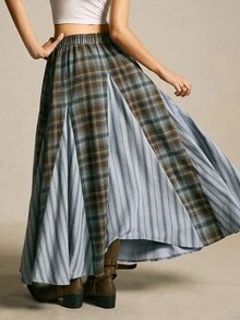 SoleilVie 女士秋季、万圣节、圣诞节、旅行、游牧风自由格纹麂皮面料不对称拼接复古做旧纹理自由式半身裙休闲通勤街头风长裙返校季女装秋季女装秋季女装秋季女装万圣节服装圣诞节女装新年女装冬季女装 - 彩色 - 查看 2