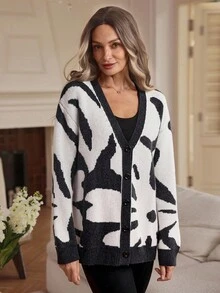 Louniche Black & White Floral Knitted Wool Cardigan For Women, Autumn/Winter - Black - View 4