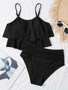 SHEIN Swim Summer Beach Hanky Hem Ruched High Waisted Bikini - Black - View 1
