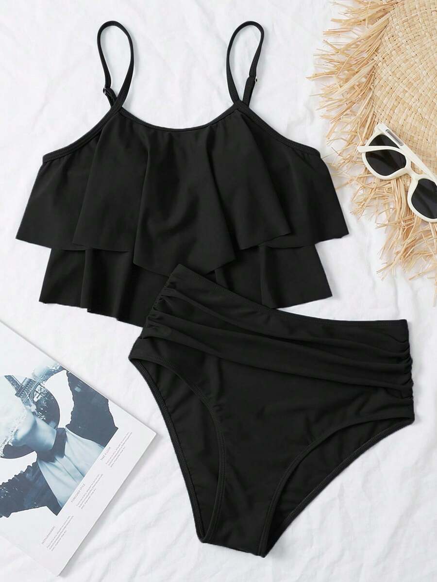 SHEIN Swim Summer Beach Hanky Hem Ruched High Waisted Bikini - Black - View 1
