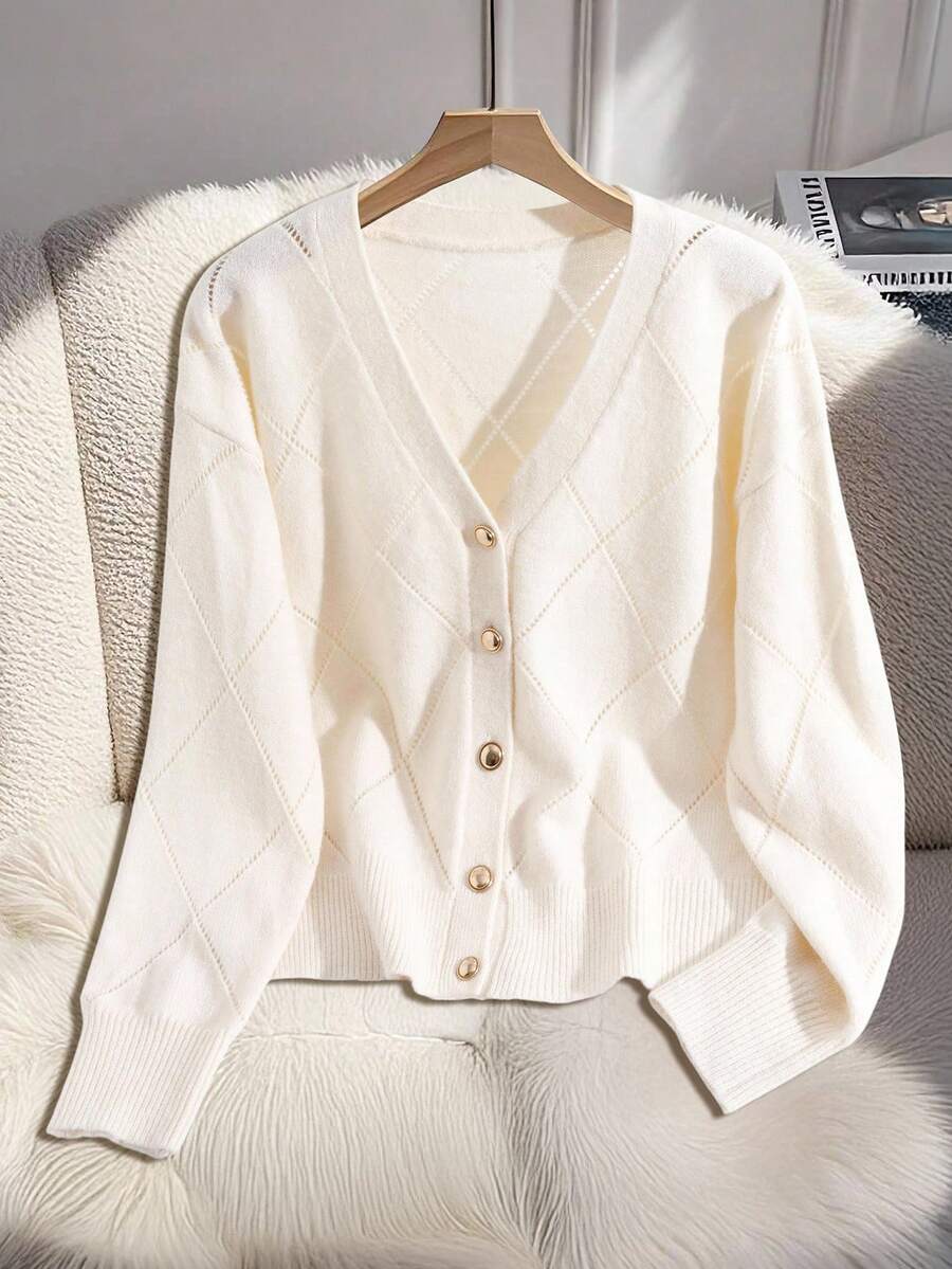 Franclia 女士优雅菱形图案V领开衫，长袖，秋冬 - 杏色 - 查看 1