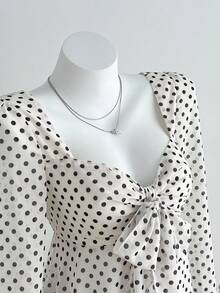SHEIN Unity 1pc Women's Apricot V-Neck Tie Front Polka Dot Flare Sleeve Casual/Work Blouse - Apricot - View 5