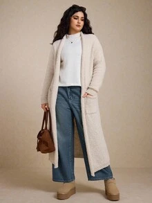 Elaquor Áo khoác len cardigan dài màu trơn cỡ lớn dành cho nữ, dày và ấm áp cho mùa thu/đông - Xám - Xem 4