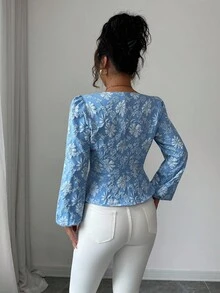 SHEIN PETITE 优雅精致方领腰部纽扣装饰纹理提花面料长袖女式衬衫 - 藍色 - 查看 2