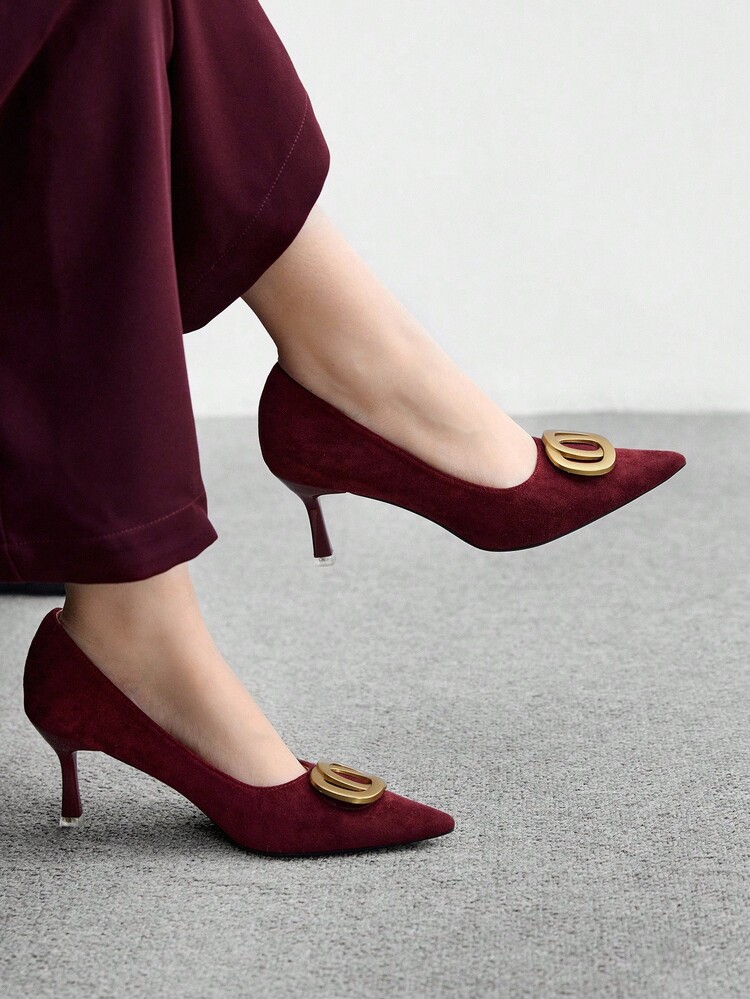 CUCCOO BIZCHIC New Burgundy High Heel Fashion Elegant Pointed Toe Metal Buckle Suede Comfortable Women High Heel Pumps For Christmas - Burgundy - View 3