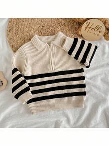 Loomiva 男婴条纹撞色长袖拉链套头衫 男婴套头衫 婴儿针织毛衣 条纹针织毛衣 男婴秋冬Polo衫 - 杏色 - 查看 1
