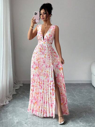 Lyxana Summer Elegant Ditsy Floral High Slit Pleated Dress