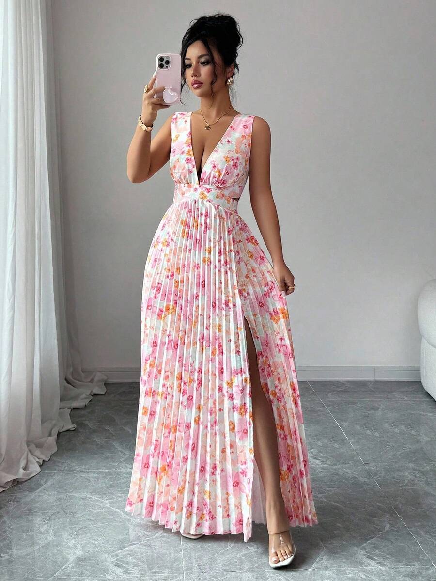 Lyxana Váy xếp ly hở cao họa tiết hoa thanh lịch mùa hè - Nhiều màu - Xem 1