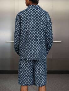 PAVTROS 男士格纹长袖夹克和抽绳腰短裤休闲牛仔套装，秋季 - 藍色 - 查看 2