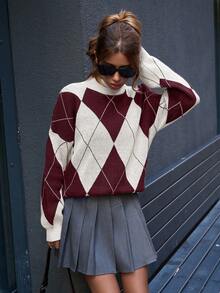 SHEIN Tall Tall Size Women Mock Neck Diamond Pattern Drop Shoulder Multicolor Pullover - Burgundy - View 4