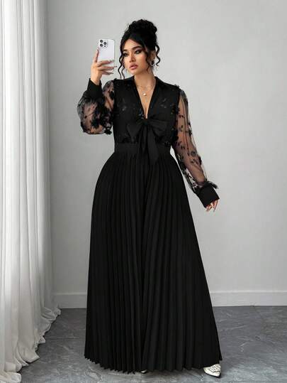 Elenzga Mono elegante de manga larga y pierna ancha con decoración de mariposa y parches de malla para mujer de talla grande