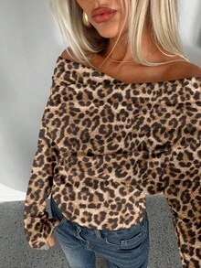Aloruh 休闲性感优雅浅棕色豹纹不对称露肩长袖修身女式 T 恤，百搭复古性感风格，适合秋冬季、派对 - 彩色 - 查看 1