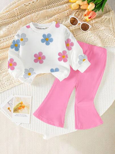 1 Conjunto de niña bebé con sudadera con capucha de cuello redondo y estampado floral casual y pantalones acampanados, color rosa, para otoño/invierno