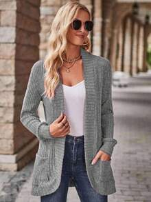 EMERY ROSE Women's Casual Ribbed Brushed Open Front Side Pocket Shorts Thin Jacket - Light Grey - View 6