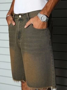 PAVTROS Men's Solid Color Frayed Edge Pocket Loose Casual Denim Shorts - Blue - View 3