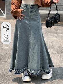 少女时尚休闲 Y2K 复古酷炫街头风返校学院风宽松下摆设计蓝色牛仔裙柔软日常穿着秋冬秋季锐舞节和街头服饰 - 藍色 - 查看 1