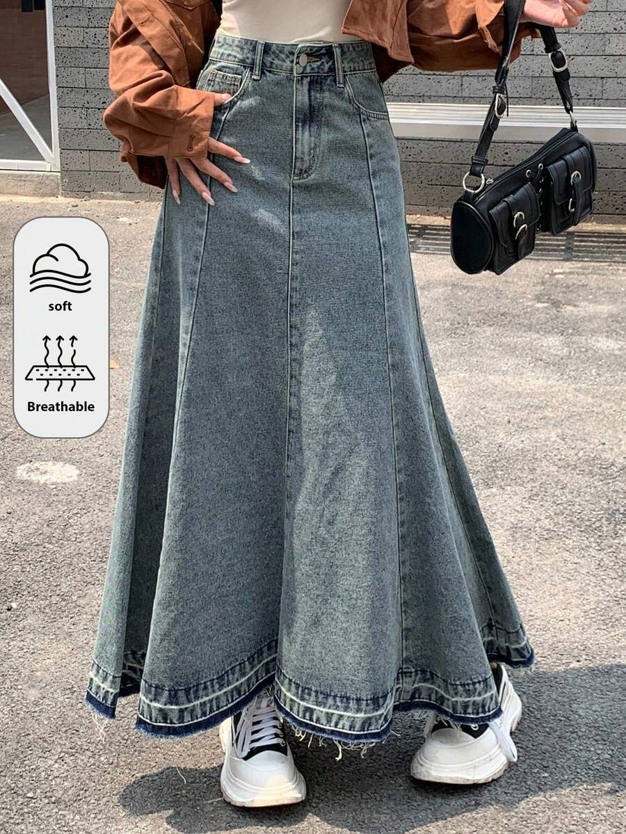 少女时尚休闲 Y2K 复古酷炫街头风返校学院风宽松下摆设计蓝色牛仔裙柔软日常穿着秋冬秋季锐舞节和街头服饰 - 藍色 - 查看 1