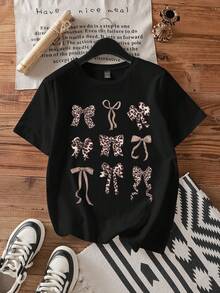 SHEIN EZwear 休闲宽松豹纹图案圆领短袖女式T恤，适合夏季 - 黑色 - 查看 1