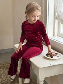 LMoss Kids LMoss   2pcs Young Girl Solid Color Round Neck Pleated Casual T-Shirt And Flared Pants Set,Girl Velvet Set,Christmas,Styles Confortables D'automne&Hiver,Gemütliche Herbst- & Winterstile,Cozy Fall & Winter Styles