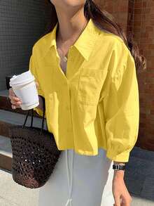 INAWLY 女士纯色口袋设计休闲宽松短款长袖衬衫 - 芥末黃 - 查看 3
