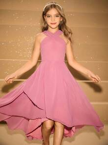 Girls' Round Neck Sleeveless Dress, Elegant Ruffle Hem Party Dress For Halloween, Christmas - Pink - View 7