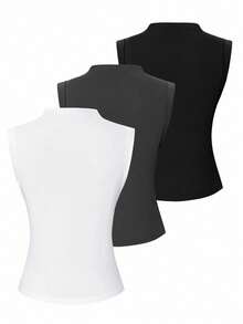 Chiquease Women's Summer Solid Color Stand Collar Pleated Casual Tank Top