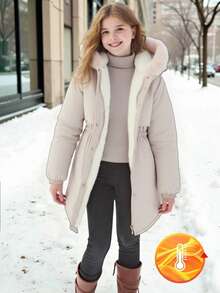 Women's Thick Parka Coat, Winter Zip-Up Hooded Jacket With Fur Trim, Long Sleeve Plush Lined Mid-Length Padded Coat, Fashionable & Versatile, Pair With Pants, Sweatpants, Jumpsuit, Sweatshirt, Hoodie Fall