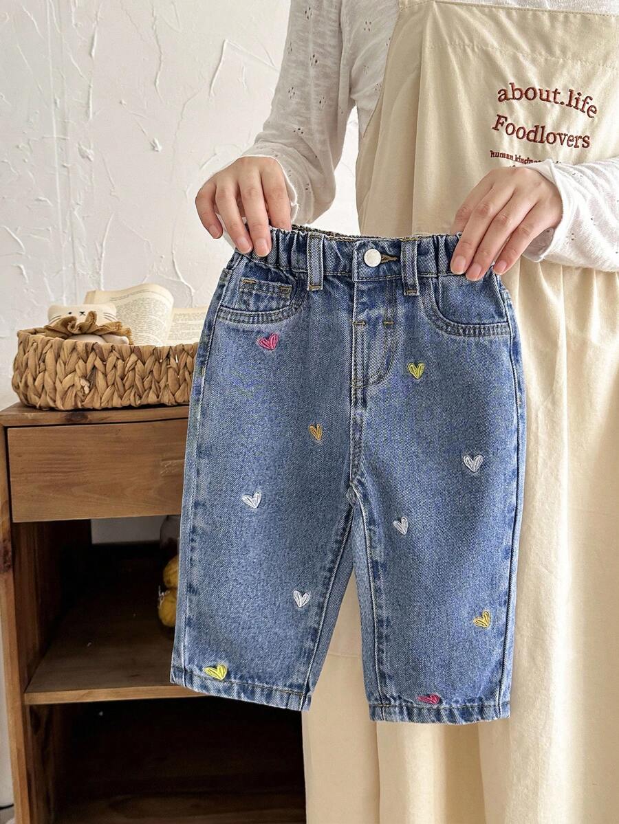 SHEIN Baby Girl Y2K Colorful Heart Embroidered Loose Flared Denim Pants, Blue, Heart Jeans Baby Girl,Fall Clothes,Autumn Clothes ,Casual And Fashionable Vacation Outfits, Baby Jeans Pants Girls, Toddler Girl Jeans Winter - Light Wash - View 1