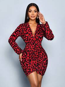 SOLERSUN Đầm dài tay họa tiết da báo cổ chữ V sâu thanh lịch và gợi cảm, thích hợp cho tiệc tùng và đi làm (Hoa ngẫu nhiên) - Đỏ - Xem 6