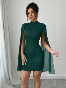 Elenzga 女士优雅开叉袖紧身连衣裙，秋季 - 墨綠色 - 查看 8