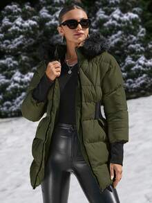 EURMUSE Padded Coat With Furry Hood And Adjustable Waist, Two Side Pockets, Thick And Fashionable Puffer Jacket, Quilting Details - Army Green - View 5