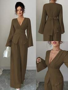 Elenzga 新款春秋纹理奶油黄色女装，法式交叉系带腰部修身 V 领喇叭袖蝴蝶结后背衬衫 + 高腰宽松阔腿裤 2 件套，经典百搭，适合日常、通勤、度假、约会、派对 - 棕色 - 查看 7