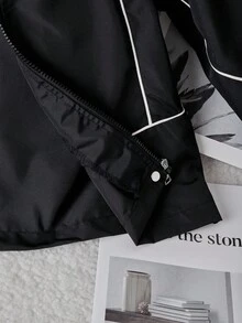 SHEIN 女童休闲百搭连帽外套，黑色配白色绳带装饰，松紧袖口，银色按扣，适合上学、通勤、郊游、运动，可搭配长袖上衣和裤子 - 黑色 - 查看 10