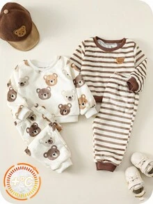 SHEIN 4pcs/Set Cute Fluffy Bear Cartoon Print Long Sleeve Thermal Unisex Baby Clothes Set Fall Winter - Multicolor - View 3