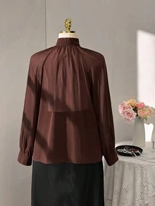 Maweii 棕色雪纺系领优雅简约休闲宽松时尚百搭日常穿搭小众设计外搭/内搭大码女式衬衫，春/秋/冬 - 咖啡棕 - 查看 2