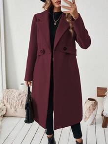 SHEIN 平领纯色口袋优雅系带长袖外套 - 酒紅色 - 查看 5