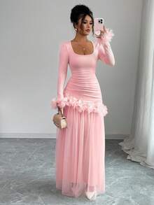 Elenzga 女士畅销新款浪漫法式修身花卉蕾丝边优雅中长连衣裙，长袖 - 粉色 - 查看 4