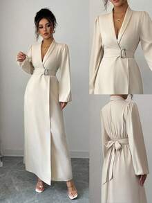Selianne Elegante vestido de dama con cintura ceñida y mangas largas tipo farol - Albaricoque - Ver 1