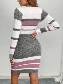 EMERY ROSE Women's Striped Square Neck Raglan Sleeve Fitted Knit Dress, Autumn - Multicolor - View 2