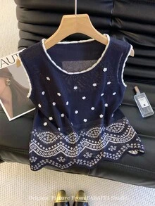 SHEIN Frenchy Camiseta sin mangas de punto casual con estampado floral retro para mujer en otoño/invierno - Azul Marino - Ver 1
