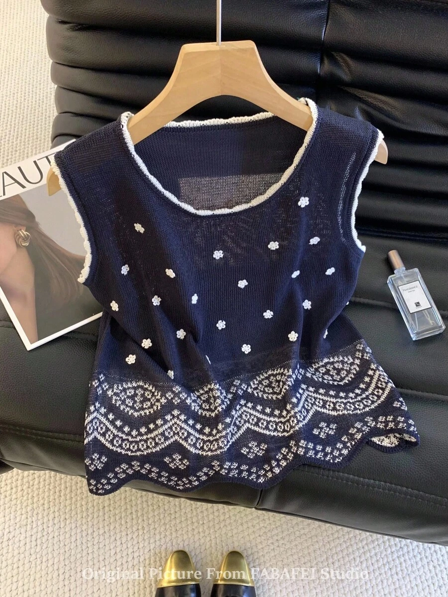 SHEIN Frenchy Camiseta sin mangas de punto casual con estampado floral retro para mujer en otoño/invierno - Azul Marino - Ver 1