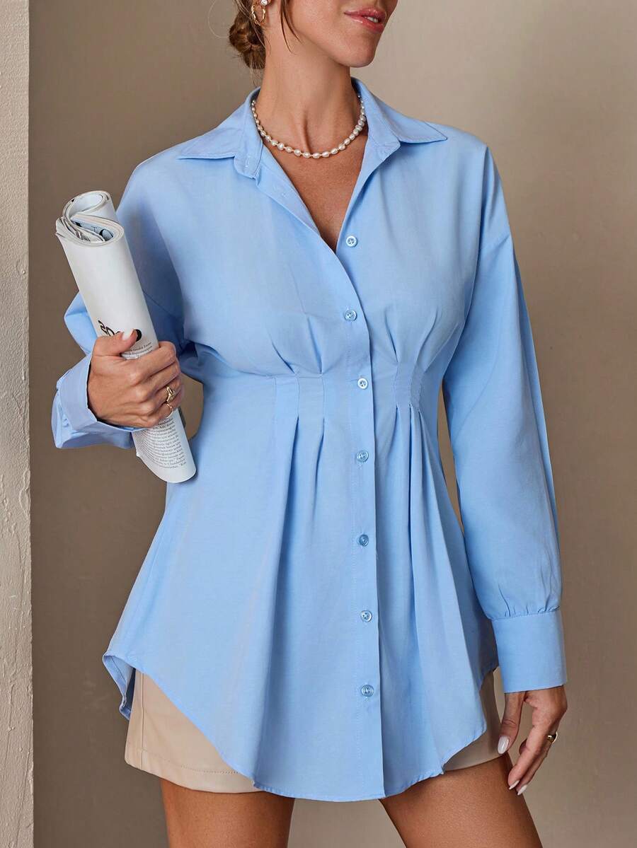 SHEIN Cottnline قميص قطني بياقة منخفضة، بطية مطوية ، بذيل منحني مطوي - الأزرق - مشاهدة 1