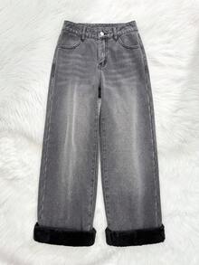 SHEIN Spodnie jeansowe dla nastolatek w kolorze szarym, z podszewką termiczną i luźnym krojem, ciepłe ubrania na jesień/zimę, codzienne jeansy z wysokim stanem, uniwersalne jeansy z szerokimi nogawkami Y2k, stroje nauczycielskie dla dziewcząt, stroje do szkoły dla dziewcząt, sukienki do kościoła, biznesowe, casualowe stroje dla dziewcząt, jeansowa sukienka cargo, luźne spodnie dla dziewcząt na jesień i zimę, jeansy z wysokim stanem i długimi szerokimi nogawkami dla nastolatek, styl uliczny