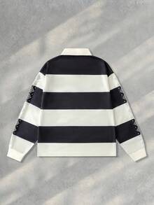 ROMWE MEN Prep 男士长袖半开襟休闲百搭条纹 Polo 衫，秋季 - 黑色 - 查看 2