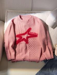 少女宽松休闲针织毛衣，圆领提花星星图案套头衫，长袖针织上衣，时尚，秋冬 - 粉色 - 查看 7