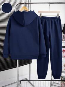 SHEIN 2pcs/Set Teen Boys Casual Loose Fit Solid Color Hoodie With Pocket & Printed Design + Solid Color Knit Sweatpants, Comfortable Outfit For Outings, Suitable For Autumn/Winter,Winter Set,Winter Clothing,Fall Outfits,Fall Clothing,All Clothes For Kids - Navy Blue - View 2