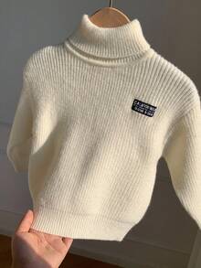 SHEIN 幼儿/婴儿男孩/女孩纯色高领毛衣，舒适时尚休闲基本款针织上衣，适合室内、户外、日常穿着、运动、玩耍、派对、拍照、度假、秋冬 - 白色 - 查看 3