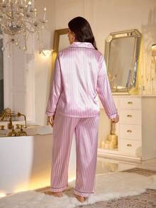 条纹印花撞色滚边缎面睡衣套装/家居服套装，秋冬舒适优雅细节