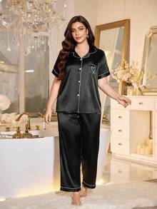 Valentines Plus Heart Embroidery Contrast Piping Satin Top & Pants PJ Set, Pajama Set