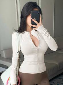 DAZY 女士立领开襟修身休闲夹克 - 白色 - 查看 2